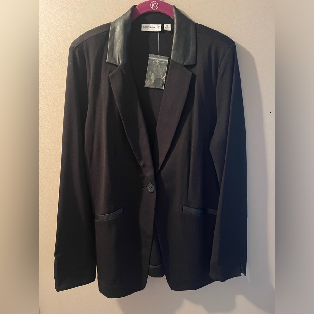 Susan Graver faux leather trim, black buttoned blazer NEVER WORN